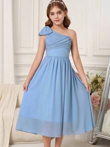 Pitira Vestido de fiesta elegante y lujoso de cuello cuadrado de gasa para niñas preadolescentes, adecuado para asistir a bailes, bodas, fiestas y eventos - Azul - Ver 5