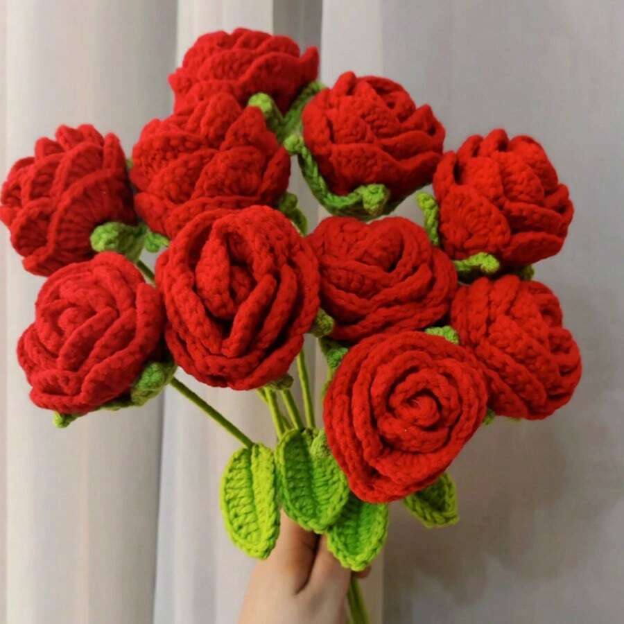情人节钩针花手工仿真针织玫瑰花束钩针玫瑰感谢周年纪念生日礼物送给女性母亲妻子情人节家居装饰 - 酒紅色 - 查看 1