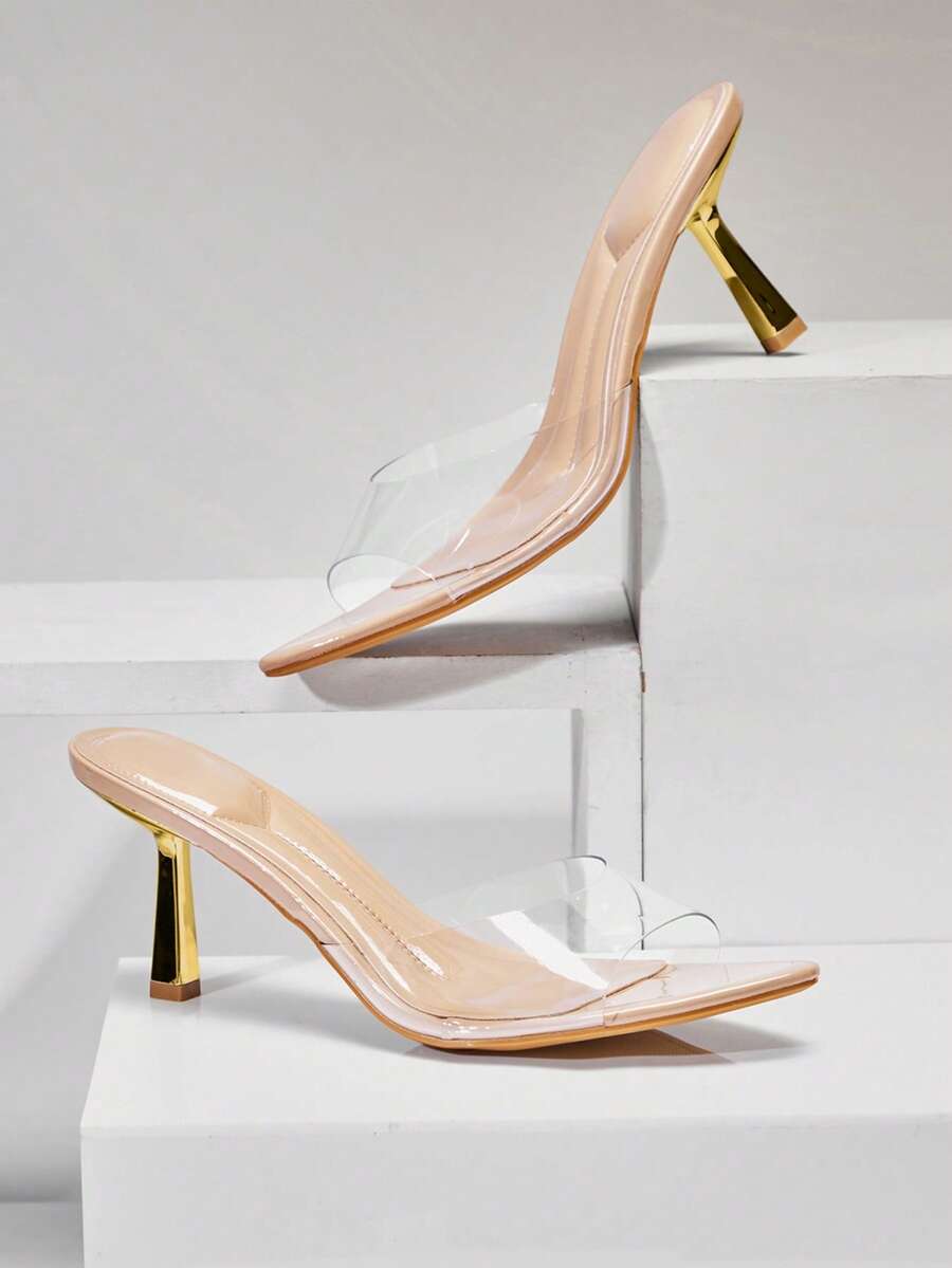 SHUZIA Sandalias de tacón con puntera puntiaguda y transparente, cómodas y sexy, de tacón de gatito para mujer - Albaricoque - Ver 1