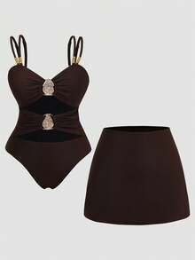 Swim Oasis Plus Size Women's Solid Color Metal Decor One-Piece Swimsuit And Mini Skirt, Suitable For Beach Vacation, Pool Party, Beach Party - Brown - View 1