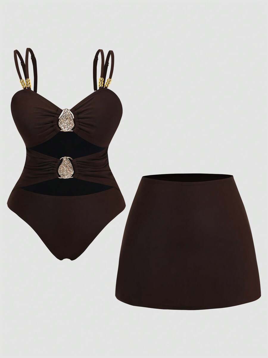 Swim Oasis Plus Size Women's Solid Color Metal Decor One-Piece Swimsuit And Mini Skirt, Suitable For Beach Vacation, Pool Party, Beach Party - Brown - View 1