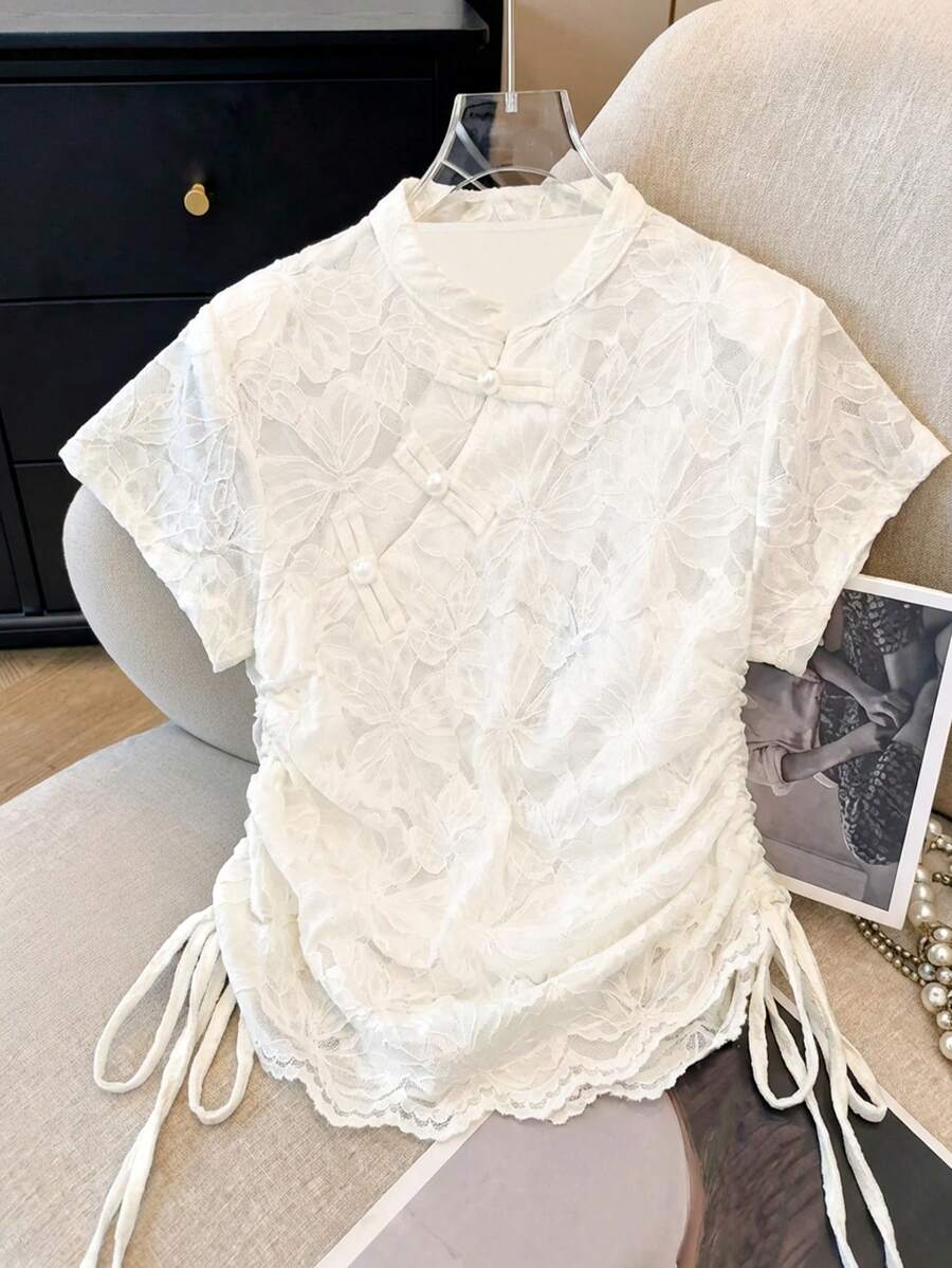 GlowEve CURVE 大码女式镂空撞色蕾丝仿珍珠纽扣抽绳下摆短袖衬衫 - 白色 - 查看 1