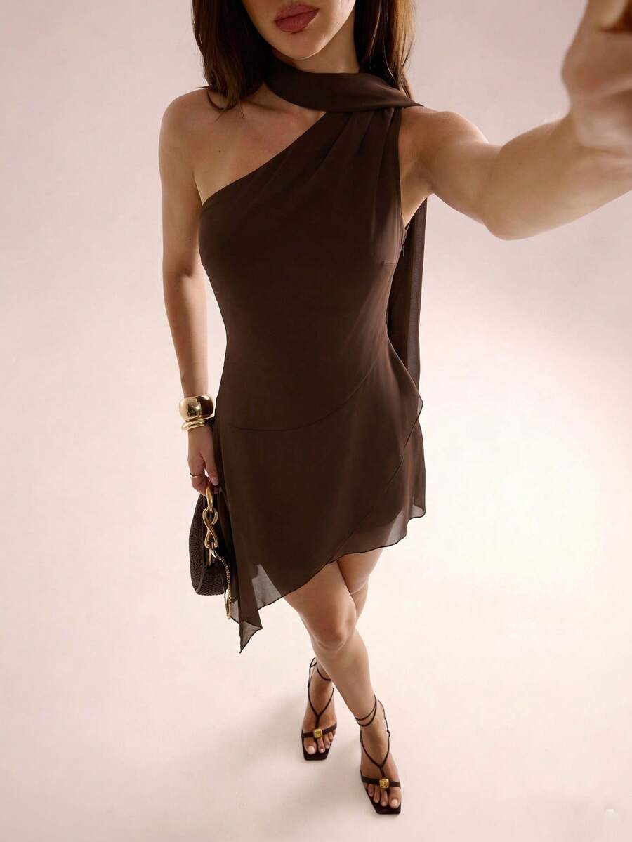 Avenya Asymmetric Shoulder Strap Split Waistline, Asymmetrical Hem Chiffon Layered Dress - Brown - View 1