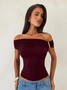 Aloruh 95%棉针织露肩T恤，酒红色 - 酒紅色 - 查看 7