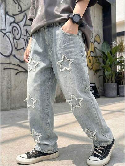 Quần jean denim rách kiểu cổ điển dành cho bé trai, thêu hình ngôi sao, dáng rộng thoải mái, màu bạc phai, phong cách thường ngày.