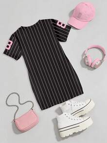 SHEIN 春夏女童休闲时尚创意清新简约粉色洛杉矶86黑色粉色条纹字母印花短袖T恤裙，舒适夏秋装 - 卡其色 - 查看 2