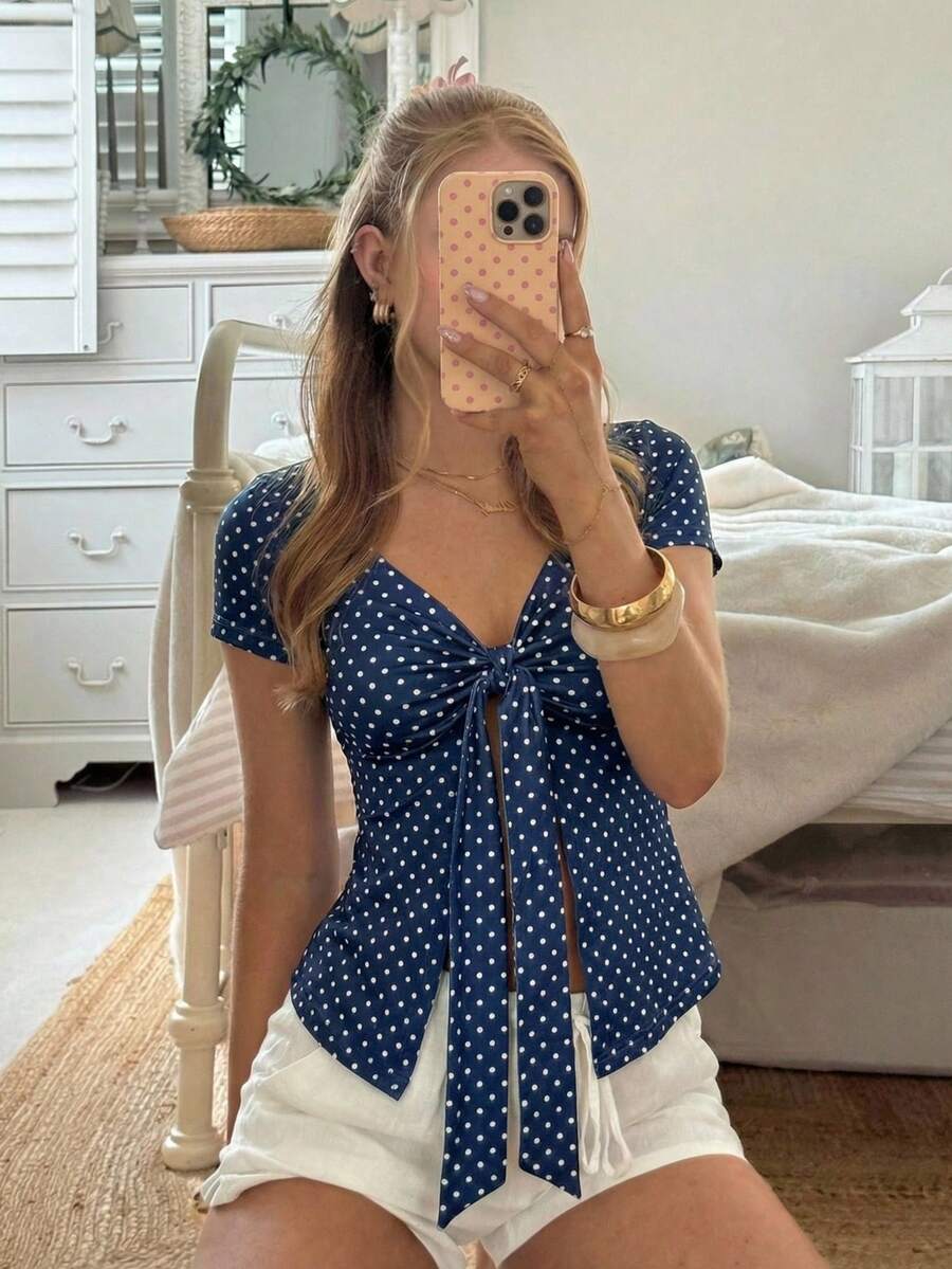 SHEIN CovetEZ 女士波点印花打结前襟休闲短袖T恤 - 藍色 - 查看 1