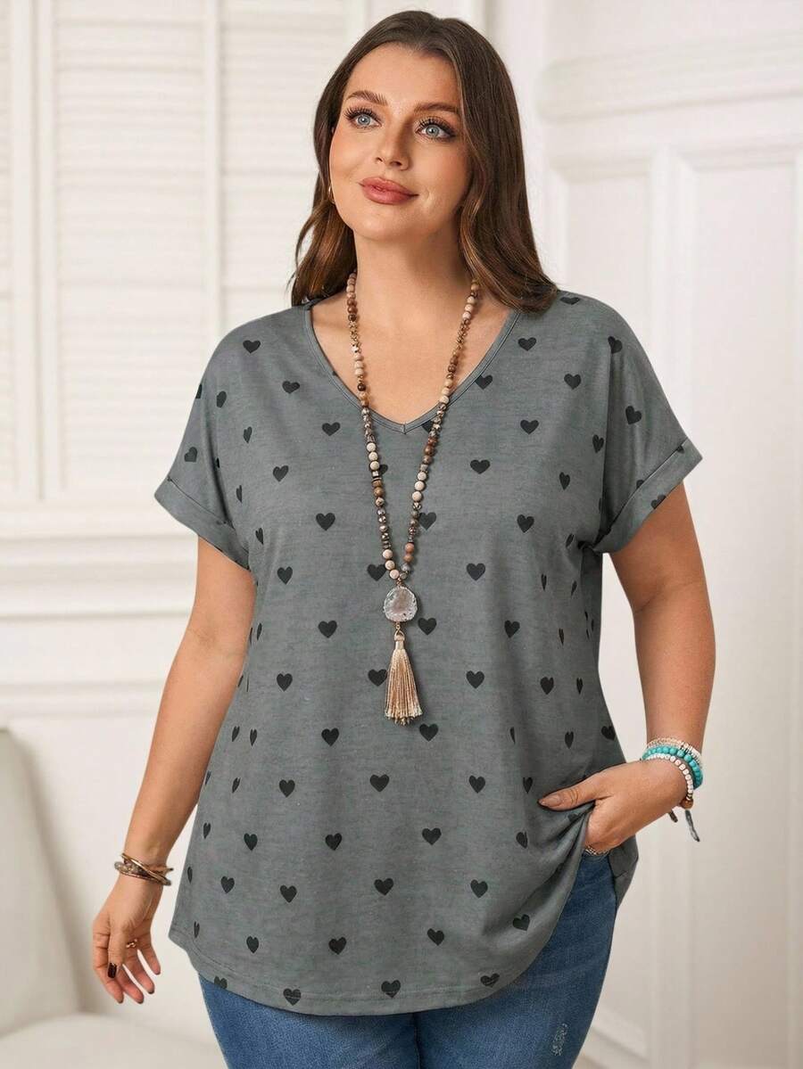 Rosumi Camiseta de manga corta con cuello en V y estampado de corazón para mujer talla grande, para verano, vacaciones y primavera - Gris - Ver 1