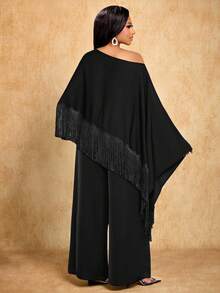 Brilight 女士春夏新款仿亚麻纯色面料现代不对称领口披肩袖不规则下摆拼接工艺流苏宽松上衣搭配松紧腰阔腿裤两件套，适合约会、晚宴、海滩度假、婚礼宾客、音乐会等场合穿着，优雅休闲简约时尚。 - 黑色 - 查看 2