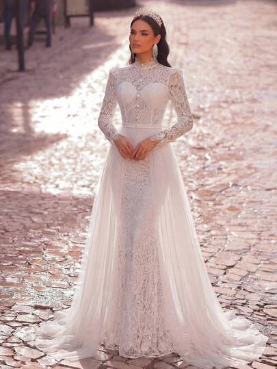 Aureia Minimalist White French Embroidered Lace & Mesh Splice, Stand Collar Long Sleeve, Boned Bodice, A-Line Skirt Hem, Women's Wedding Dress, Formal Gown, Evening Dress