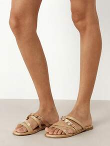 SHUZIA Beautiful Women's Gold Faux Leather Pu Flat Greek Sandals Wide-Fit Gold Coin Decor, Easy-Wear Slide Stylish Comfort Open Toe Spring Summer Chic Holiday Easter Beach Shoes - Gold - View 4
