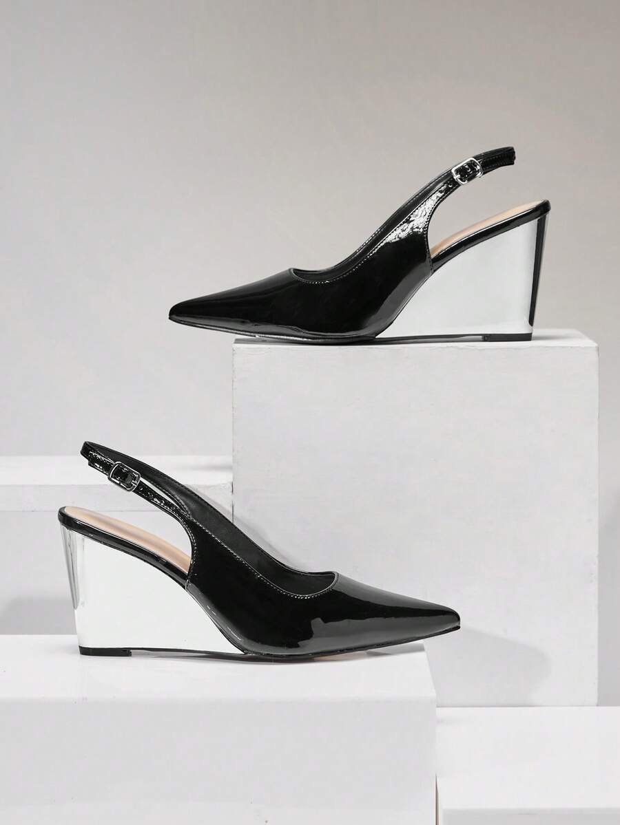 Solezae Ladies Elegant Point Toe Sling-Back Wedges - Black - View 1