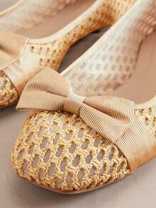 SHUZIA 女士休闲优雅舒适编织PU蝴蝶结芭蕾平底鞋 - 卡其色 - 查看 6