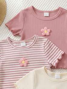 Playful Pals 3pcs/Set Baby Girls(6 Months-3 Years)Cute Summer Pink And White Striped Short Sleeve T-Shirts,Textured 3D Floral Ruffle Graduation Birthday Party Tops - Multicolor - View 6