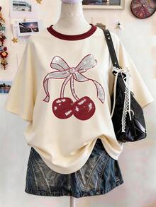 Lalippa Shiny Cherry Pattern Rhinestone Embellished Oversized Mid-Length Round Neck Drop Shoulder T-Shirt, Casual Gift For Friends - Apricot - View 3
