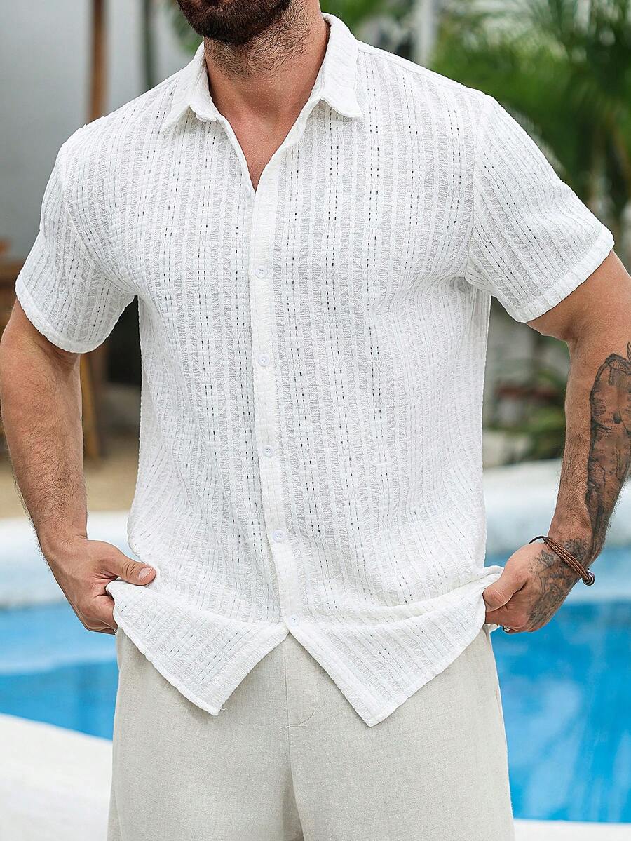VENTUSAIL Camisa casual de manga corta de solapa única para hombre, ideal para vacaciones - Blanco - Ver 1