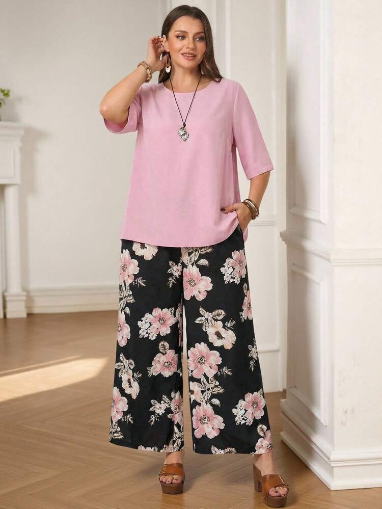 2pcs Plus Size Set: Solid Color Crew Neck Short Sleeve T-Shirt And Long Pants, Fashionable For Summer Women Summer Sets,Spring/Vacation