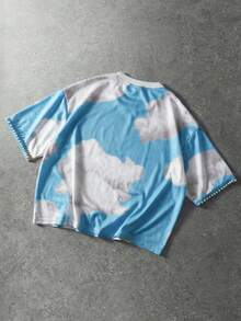 ROMWE MEN T-shirt à manches courtes de style décontracté, de vacances et de mode de rue pour hommes, avec imprimé ange et décoration de fausses perles - Multicolore - Voir 3