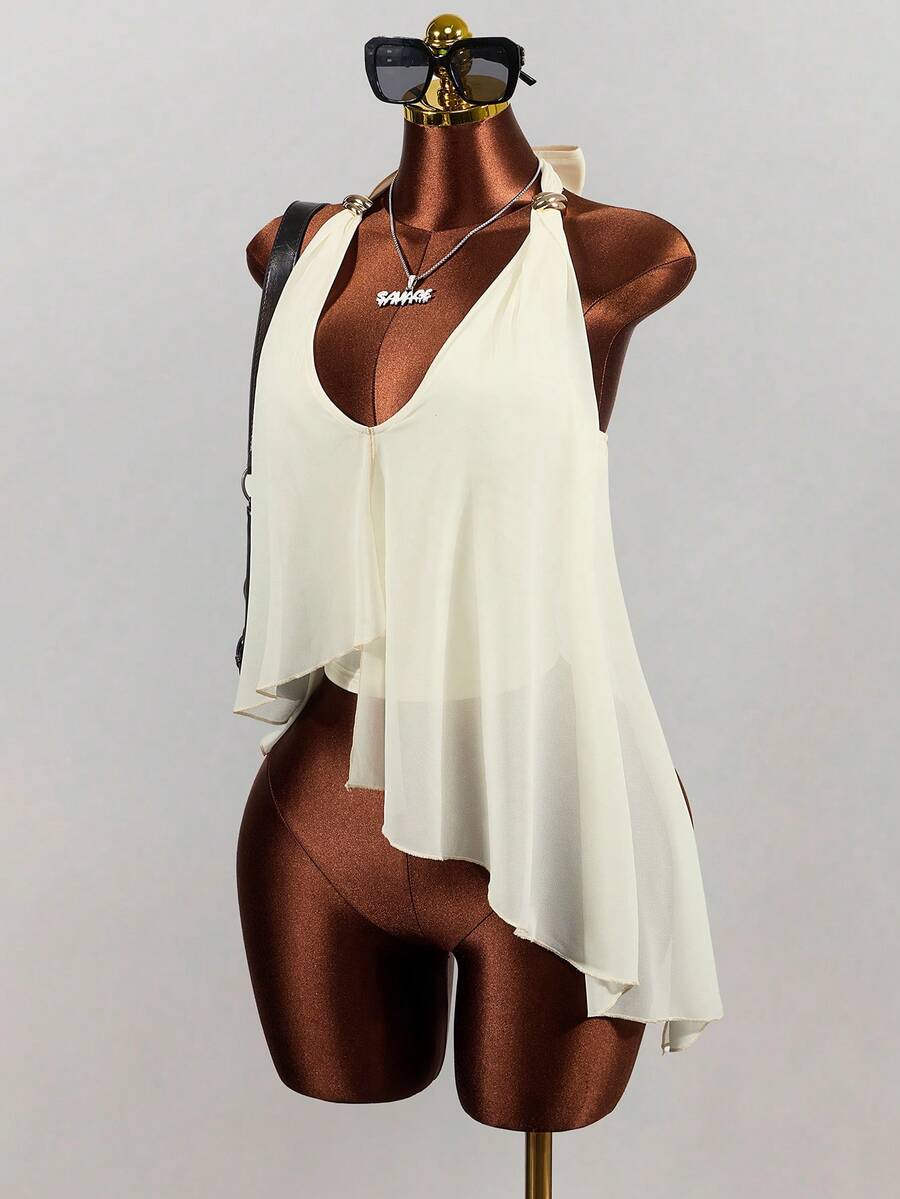 Mistrie Bold Color, Y2K Revival, Sweet Spicy Style, Denim , Halter Top, Asymmetrical Hem, Textured Hole-Out Beach Fabric, Vacation Look, Lightweight Material, Suitable For Beach Vacation - Apricot - View 1