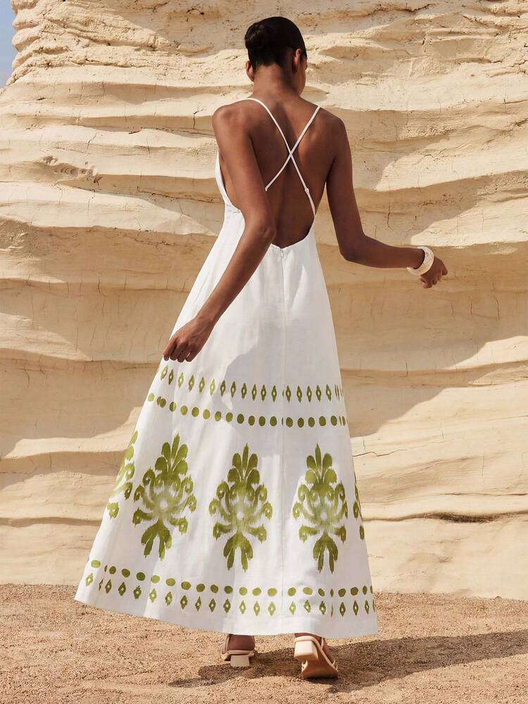 SHEIN Maija Women's Long Casual Boho Sleeveless Loose Dress, Suitable For Beach Vacation Holiday Summer Green And White