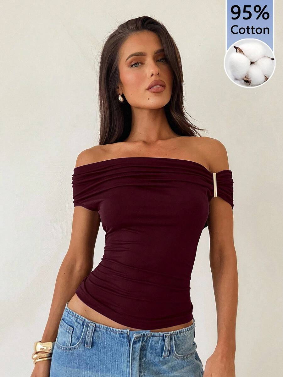 Aloruh 95%棉针织露肩T恤，酒红色 - 酒紅色 - 查看 1
