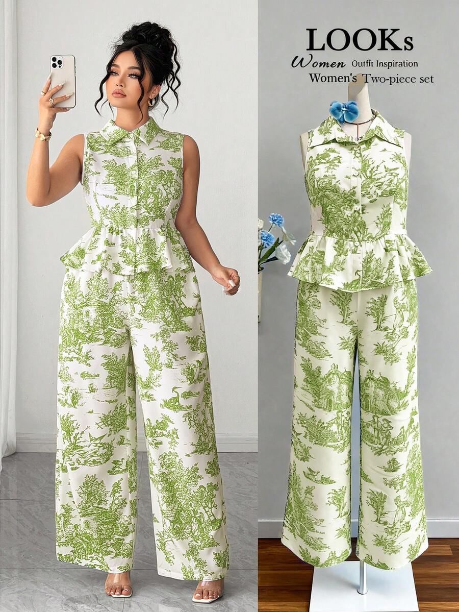 SHEIN Elenzya Bộ đồ nữ cỡ lớn 2 món, áo sơ mi cổ bẻ + quần dài thường ngày, trang phục thường ngày. - màu xanh lá - Xem 1