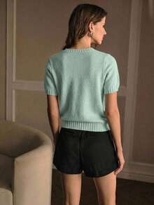 PREMIUM RHINESTONE DETAIL SHORT SLEEVE KNIT TOP - Green - View 4
