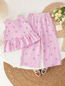 SHEIN LMoss Kids LMoss Young Girl Young Girl Woven Solid Color Round Neck Charging Loose Casual Top And Long Pants Set, Summer - Pink - View 2