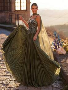Glamrae This Elegant And Luxurious Strapless Dress Is Adorned With Beads, Sequins, And Embroidery, And Features A Flared Skirt. Suitable For Weddings, Events, Parties, Vacations, Galas, And Formal Occasions (Shawl Not Included). - Army Green - View 6