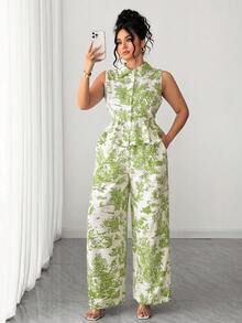 SHEIN Elenzya Bộ đồ nữ cỡ lớn 2 món, áo sơ mi cổ bẻ + quần dài thường ngày, trang phục thường ngày. - màu xanh lá - Xem 5