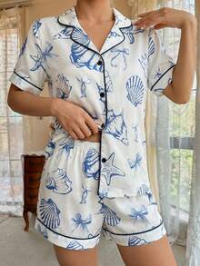 Bộ đồ ngủ bé gái - Áo ngủ ngắn tay và quần đùi cổ bẻ in hình nơ và vỏ sò cổ điển, thoải mái, gồm 2 mảnh. Bộ đồ đôi mẹ và bé (3 bộ bán riêng lẻ). - Nhiều màu - Xem 6