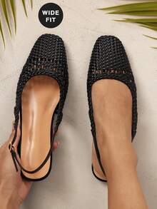 SHUZIA Ladies Wide-Fit Elegant Crochet Woven PU Slingback Mules - Black - View 2