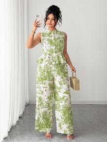 SHEIN Elenzya Bộ đồ nữ cỡ lớn 2 món, áo sơ mi cổ bẻ + quần dài thường ngày, trang phục thường ngày. - màu xanh lá - Xem 4