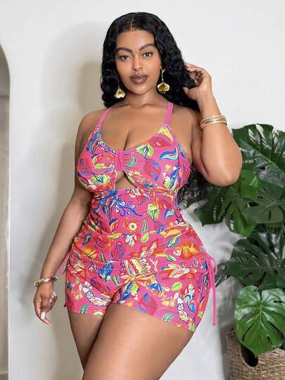 Slaydiva New Summer Beach Vacation Plus Size Women's Swimsuit, Bright Floral Print, Fashionable Vacation Plus Size Two Pieces Swimsuit, Conservative Slimming Plus Size Swimsuit, Casual Vacation Plus Size Tankini Bikini