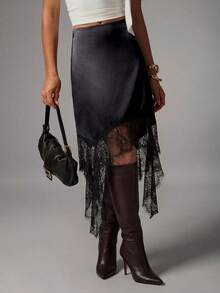 Avenya Brown Satin Low-Waist Patchwork Contrast Lace Mini Skirt - Black - View 4