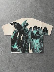 ROMWE MEN Street Life Áo thun nam tay ngắn cổ tròn in chữ thiên thần, kiểu dáng rộng rãi, thoải mái. - Màu be - Xem 6