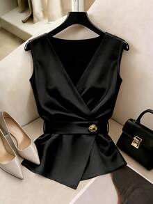 Ellegaria. Áo kiểu nữ không tay cổ chữ V, thắt eo, chất liệu satin, thích hợp cho đi làm hàng ngày, công sở, dự tiệc, sự kiện buổi tối, hẹn hò và các dịp khác. - màu đen - Xem 7
