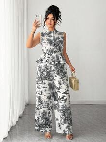 SHEIN Clasi 女士加大码两件套，衬衫领上衣+休闲裤，休闲装 - 黑色 - 查看 6