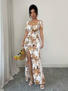 Rafferiza 女士夏季短袖连衣裙，数码印花度假连衣裙，沙滩度假连衣裙，开衩下摆，腰部褶皱长裙 - 黃色 - 查看 5