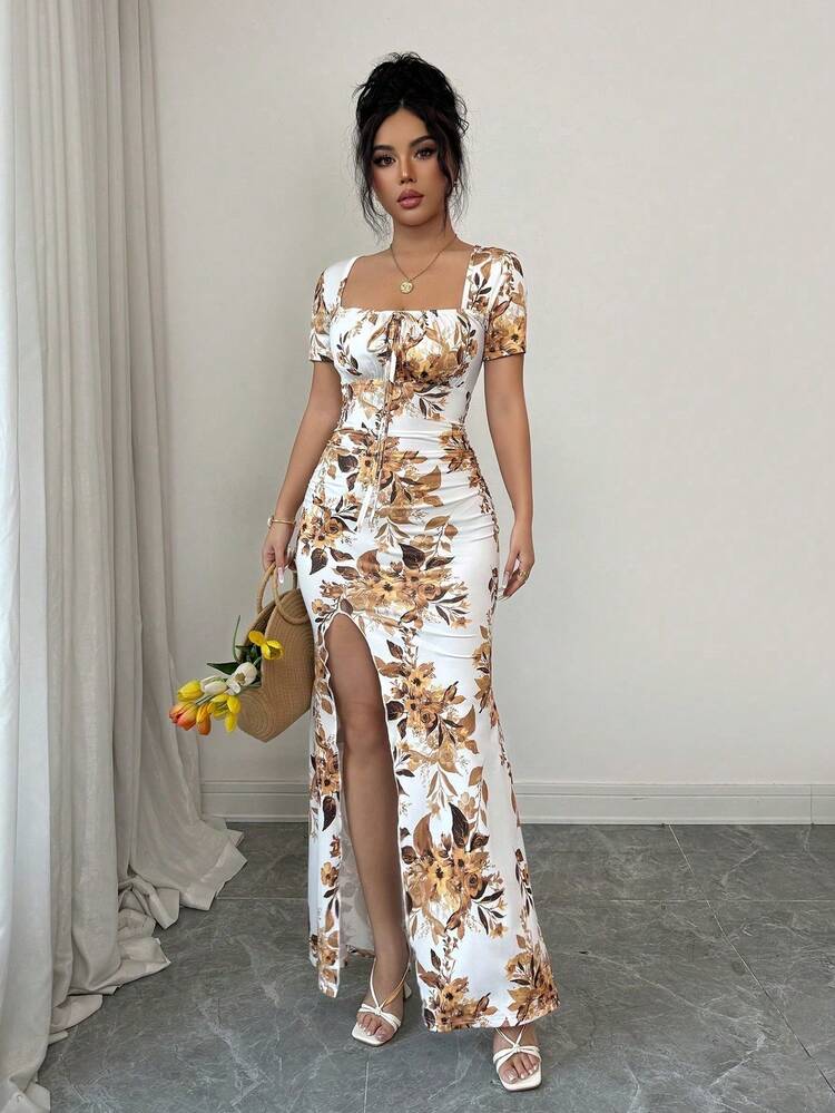 Rafferiza Vestido de verano de manga corta para mujer, vestido de vacaciones con estampado digital, vestido de playa y vacaciones con bajo con abertura, vestido largo con fruncido en la cintura - Amarillo - Añade 5