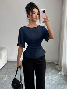 Blusa de manga corta con cintura ceñida, 100% algodón marrón con ribete negro para mujer - Azul marino 2 - Ver 5