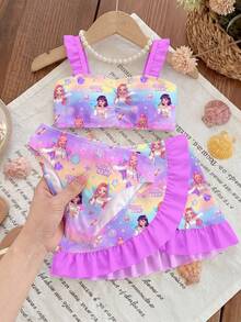 SHEIN K-Pop 超级巨星印花少女泳装，荷叶边装饰，三件套儿童泳装，沙滩度假写真套装 - 彩色 - 查看 5