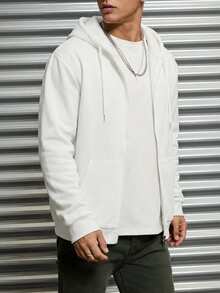 EURMUSE Cotton Men's Zipper Cardigan Style Hooded Sweatshirt With Drawstrings, Thermal Lined - White - View 2