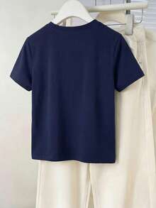 GlowEve Camiseta de mujer con cuello redondo y manga corta bordada - Azul Marino - Ver 2