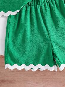 Young Girls Textured Fabric Contrast Hem Sleeveless Top & Casual Shorts T-Shirt Set - Green - View 5