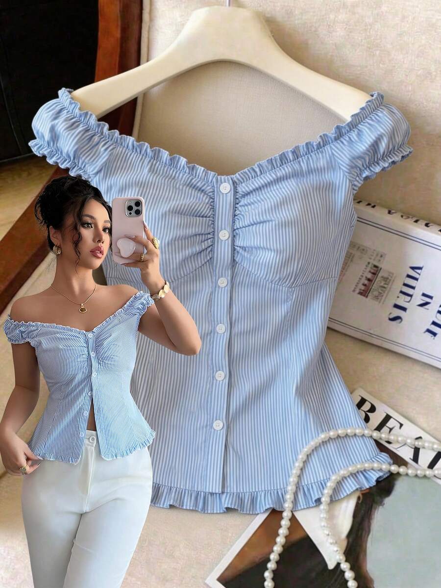 SHEIN Tall Phong cách thành thị thanh lịch, trang phục mùa hè mới dành cho nữ, màu xanh trắng kẻ sọc dọc, cổ chữ V, tay bồng, eo thắt, ngọt ngào, phù hợp cho mặc hàng ngày, đám cưới, dạ hội, đi làm, tiệc tốt nghiệp, ngày lễ, kỳ nghỉ, hẹn hò, lễ Phục sinh, tiệc tùng, Halloween, Giáng sinh, Năm mới, Lễ Tạ ơn, áo kiểu nữ dự tiệc cưới - Màu xanh lam - Xem 1