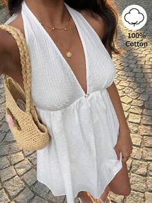 Sunnyshic White Cotton Crinkle Fabric Rose Decor Deep V Halter Backless Ruffle Mini Dress, Women's Spring/Summer Vacation Beach Bohemian Sweet Cute Wedding Guest Minimalist Versatile - White - View 8
