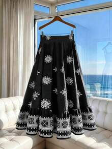 GlowEve CURVE Boho 90s Plus Size Skirt Maxi Length With Random Print And Ruffle Hem Woven Black And White Design Beach Vacation Gym Summer - Multicolor - View 2