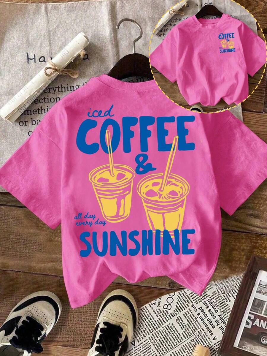 EMERY ROSE Summer Casual Coffee Letter Print Round Neck T-Shirt - Hot Pink - View 1