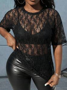 Slaydiva Camiseta de manga corta con cuello redondo de encaje negro y talla grande para mujer, de estilo casual, romántico y sexy, adecuada para el verano, festivales de música y fiestas - Negro - Ver 6
